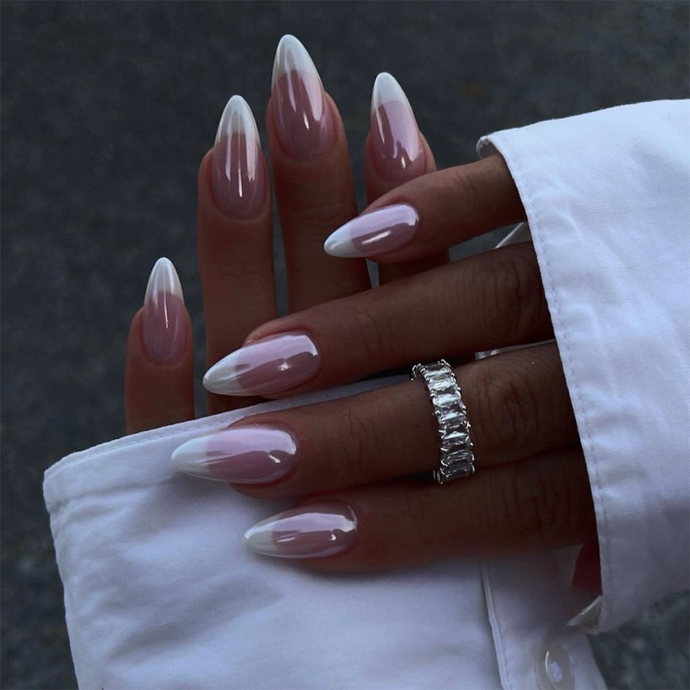 NEW Polar Night French Tip White and Pink Almond Press-On Nails